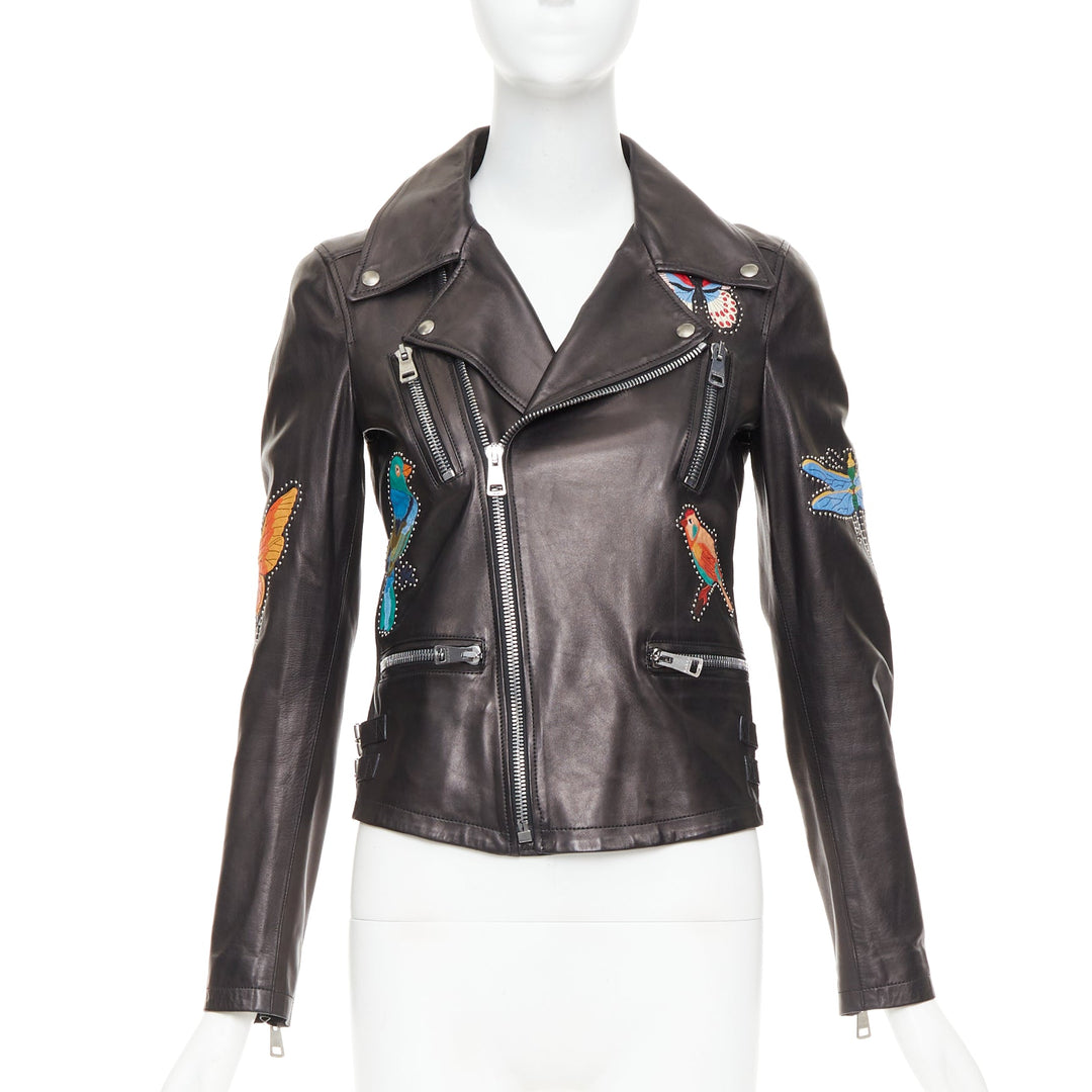GUCCI Michele black leather bird butterfly applique studded biker jacket IT38 XS