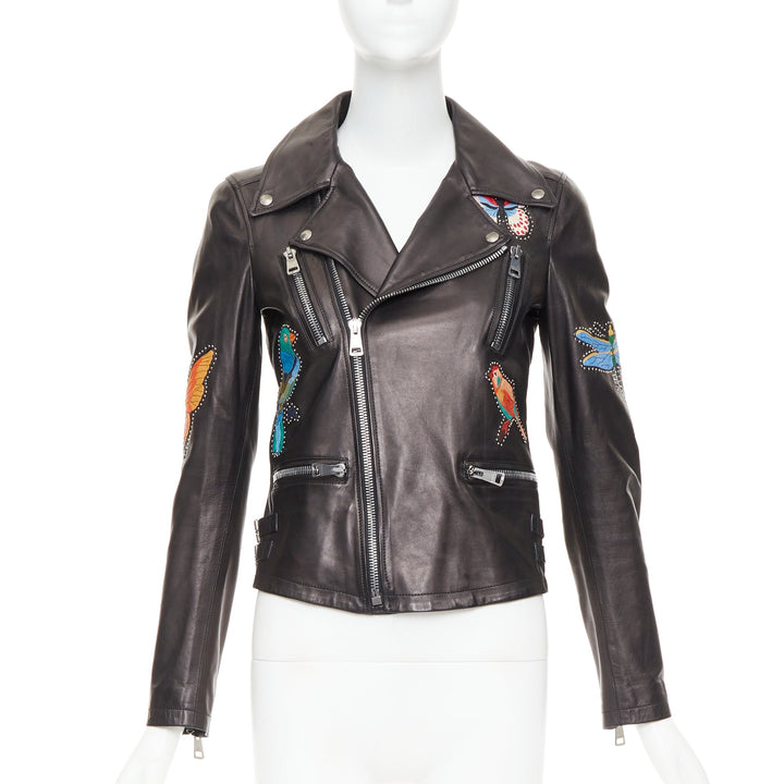 GUCCI Michele black leather bird butterfly applique studded biker jacket IT38 XS