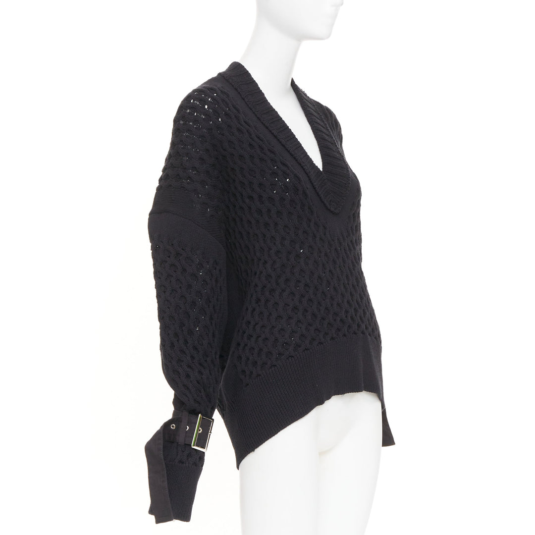 SACAI 2018 black open waffle knit buckle sleeve cotton blend sweater JP1 S