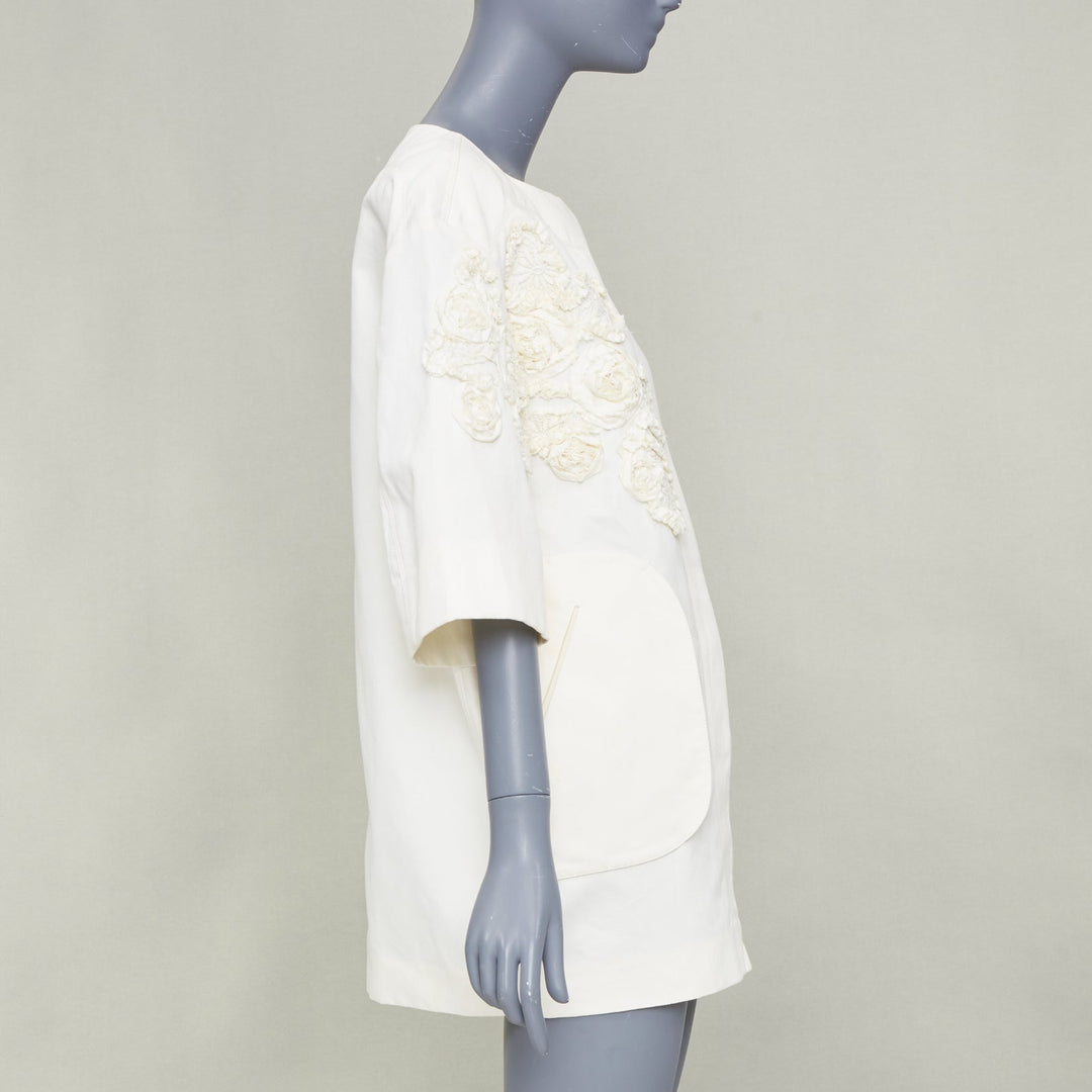 NINA RICCI 2012 ivory white floral rose applique half sleeve button coat M