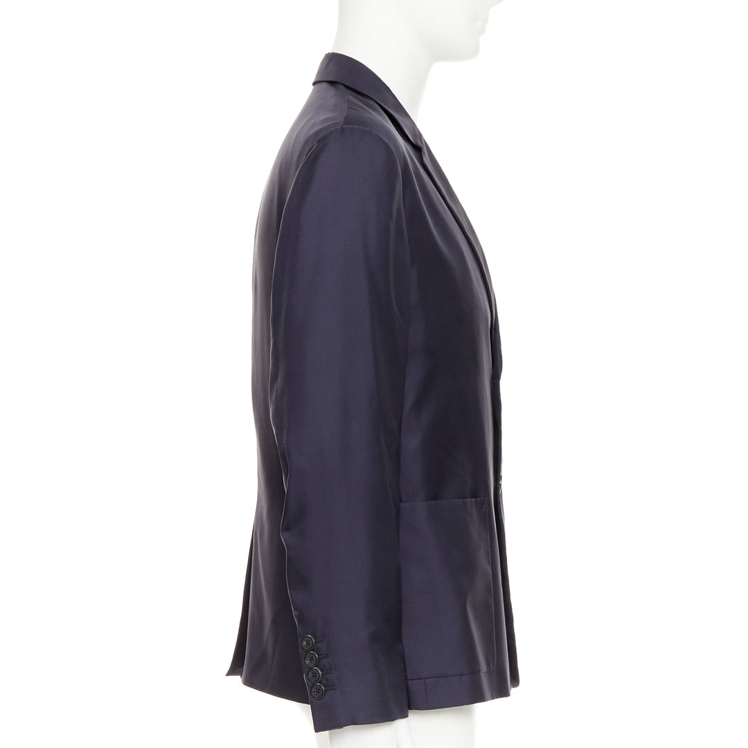 PRADA 2021 100% silk navy tonal triangle patch single breasted blazer IT48 M