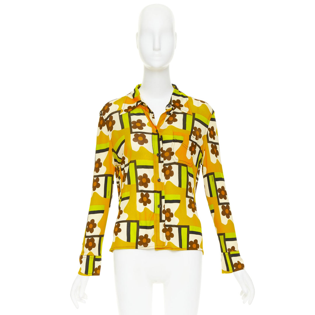 PRADA 2017 Runway green orange Mod graphic floral print viscose shirt IT40 S