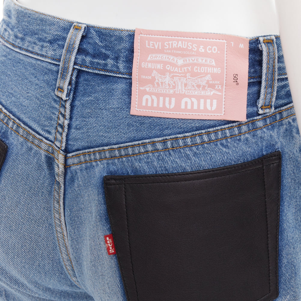 rare MIU MIU LEVI'S 2021 washed denim pearl embellished cut off shorts 25"