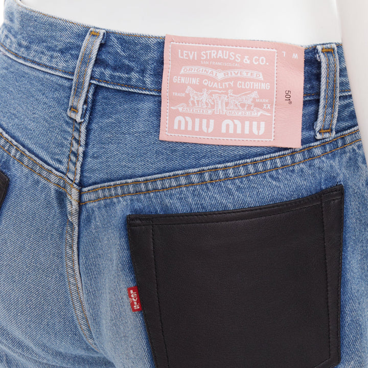 rare MIU MIU LEVI'S 2021 washed denim pearl embellished cut off shorts 25"
