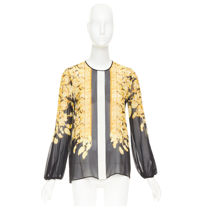 GIAMBATTISTA VALLI silk gold black grosgrain print sheer chiffon blouse IT38 XXS