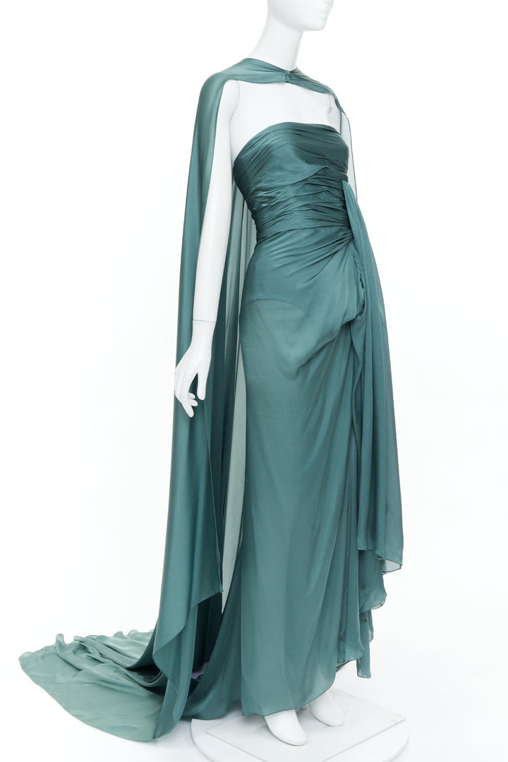 ALEXANDRE VAUTHIER COUTURE 2020 Runway petrol jewel green strapless cape gown