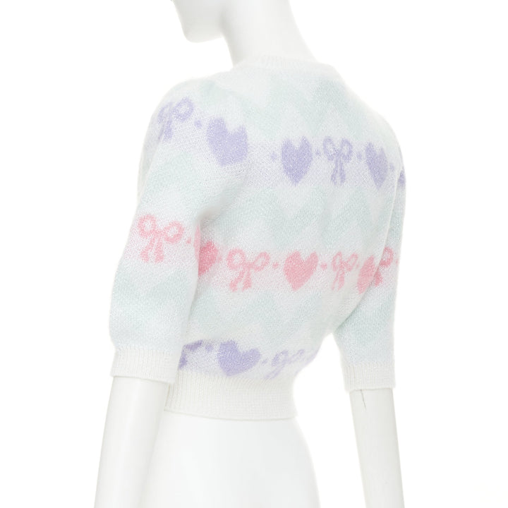 ALESSANDRA RICH Pastel hearts bows jacquard metallic mohair blend top IT38 XS
