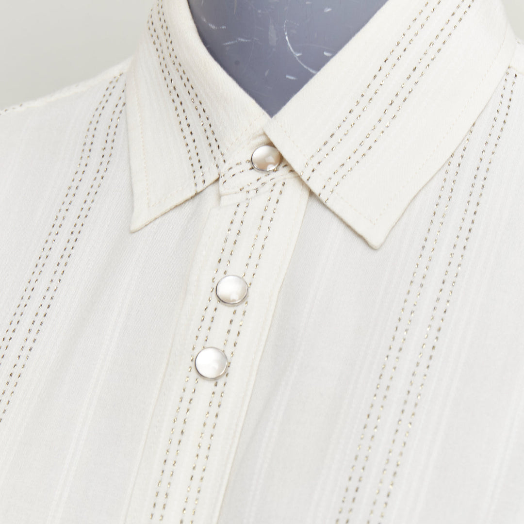 SAINT LAURENT 2019 cream modal blend gold metallic stripe weaved western shirt S