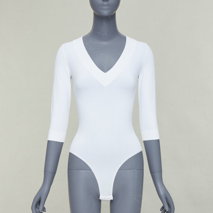 ALAIA white viscose blend V-neck 3/4 sleeves bodysuit top FR36 S