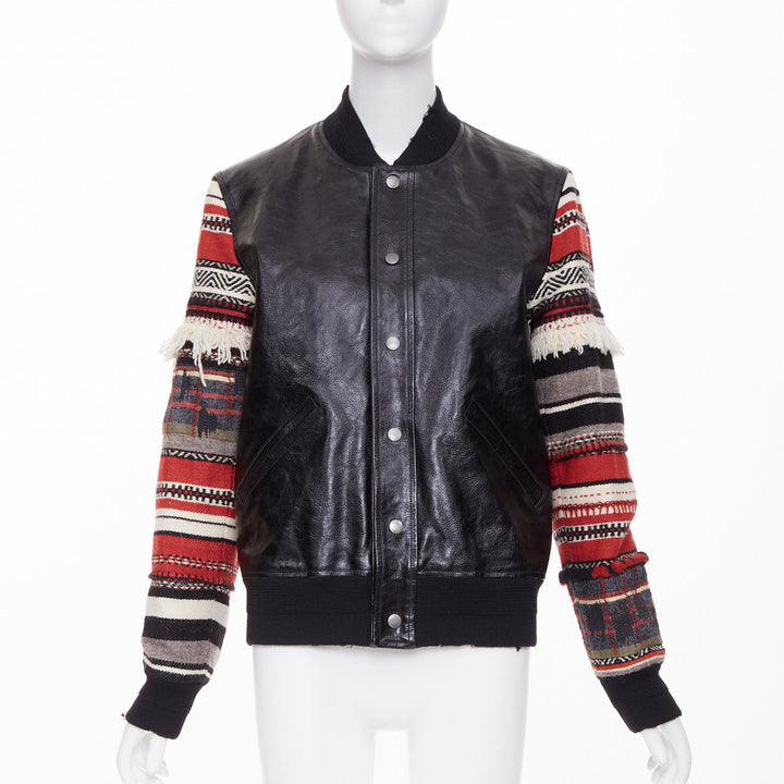 SAINT LAURENT 2017 Heaven ethnic embroidered sleeves calf leather bomber FR38 M