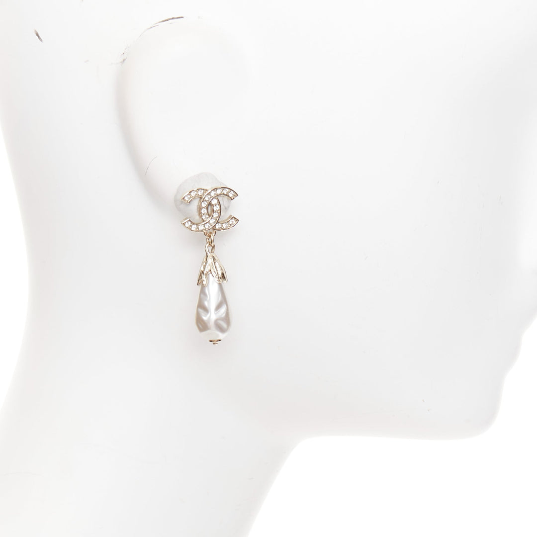 CHANEL L25S champagne gold CC logo crystal pave drop pearl pin earrings pair