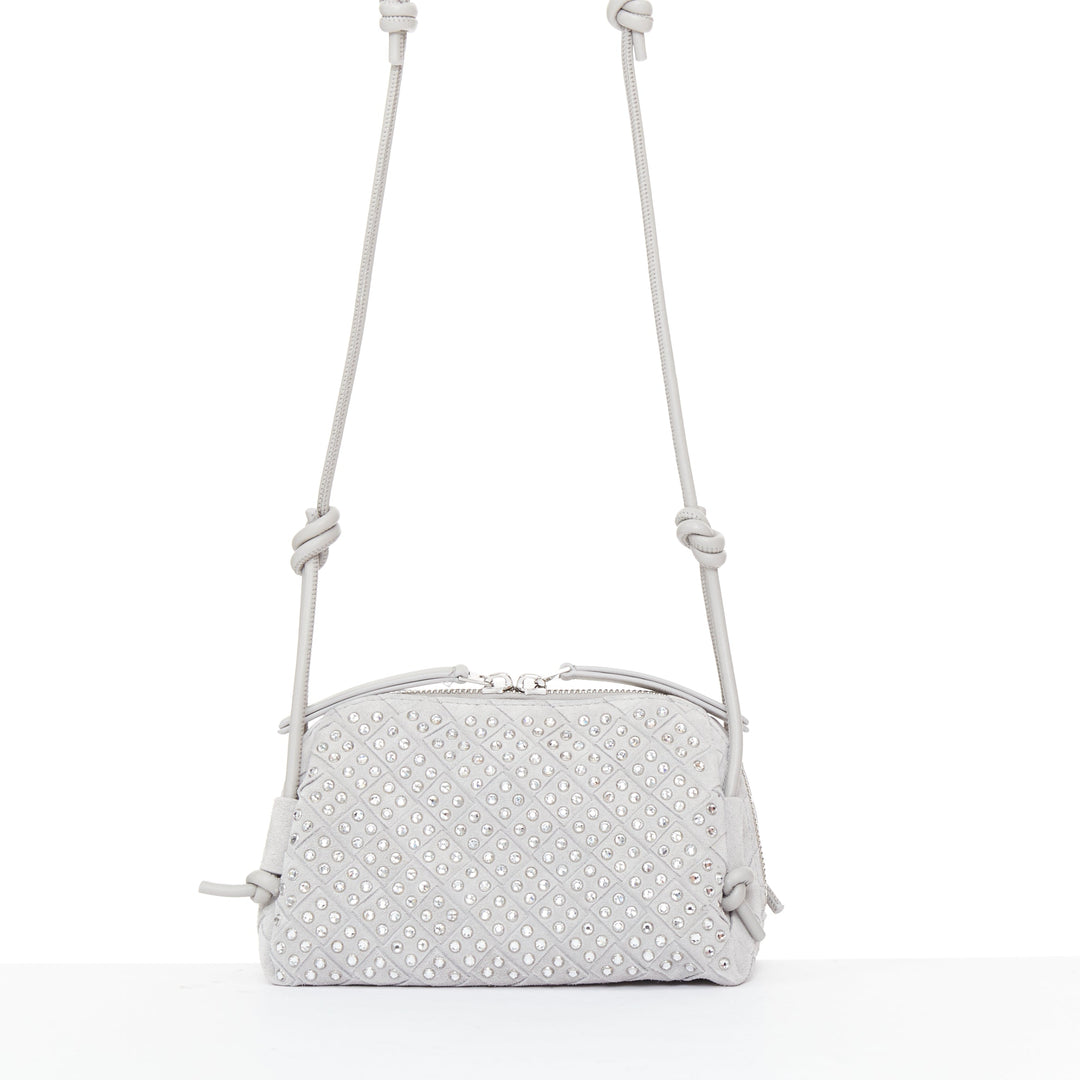 BOTTEGA VENETA 2024 Concert Pouch grey suede strass intrecciato woven bag