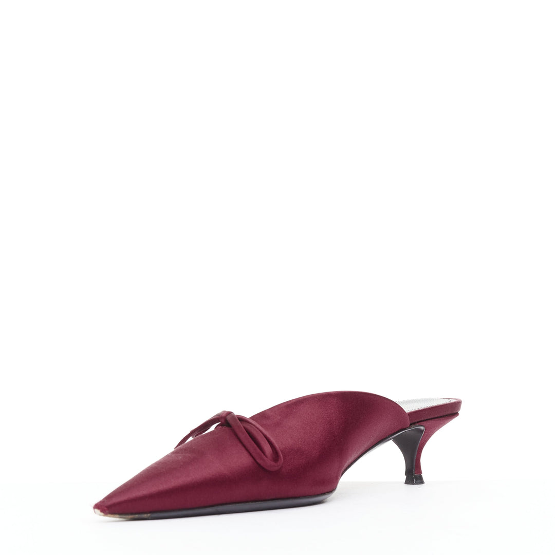 BALENCIAGA Demna Knife Mules burgundy satin bow pointy kitten heels EU38.5