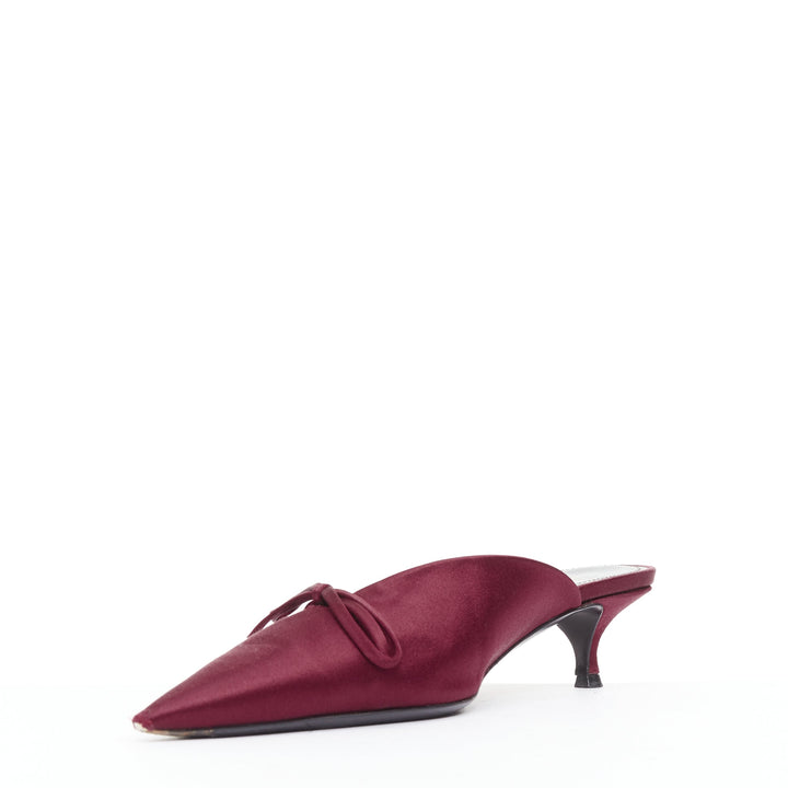 BALENCIAGA Demna Knife Mules burgundy satin bow pointy kitten heels EU38.5