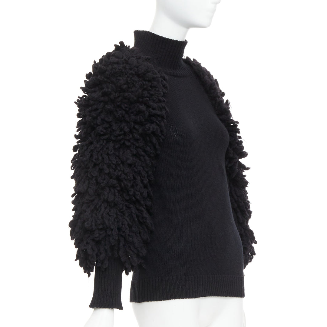 VALENTINO 2024 black virgin wool boucle yarn sleeves turtleneck sweater S
