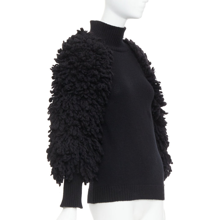 VALENTINO 2024 black virgin wool boucle yarn sleeves turtleneck sweater S