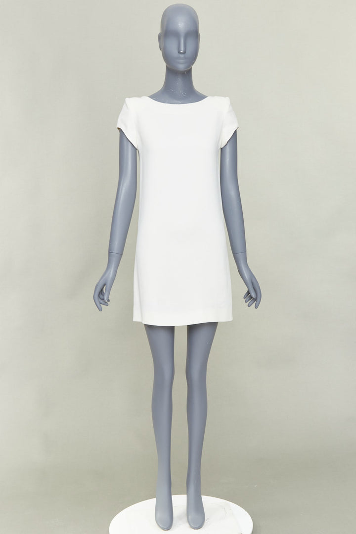 SAINT LAURENT 2012 cream crepe padded shoulder bateau neck mini dress FR34 XS
