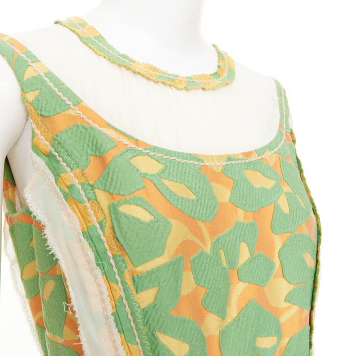 PRADA 2015 Runway green orange raw edge brocade stitch patchwork dress IT40 S
