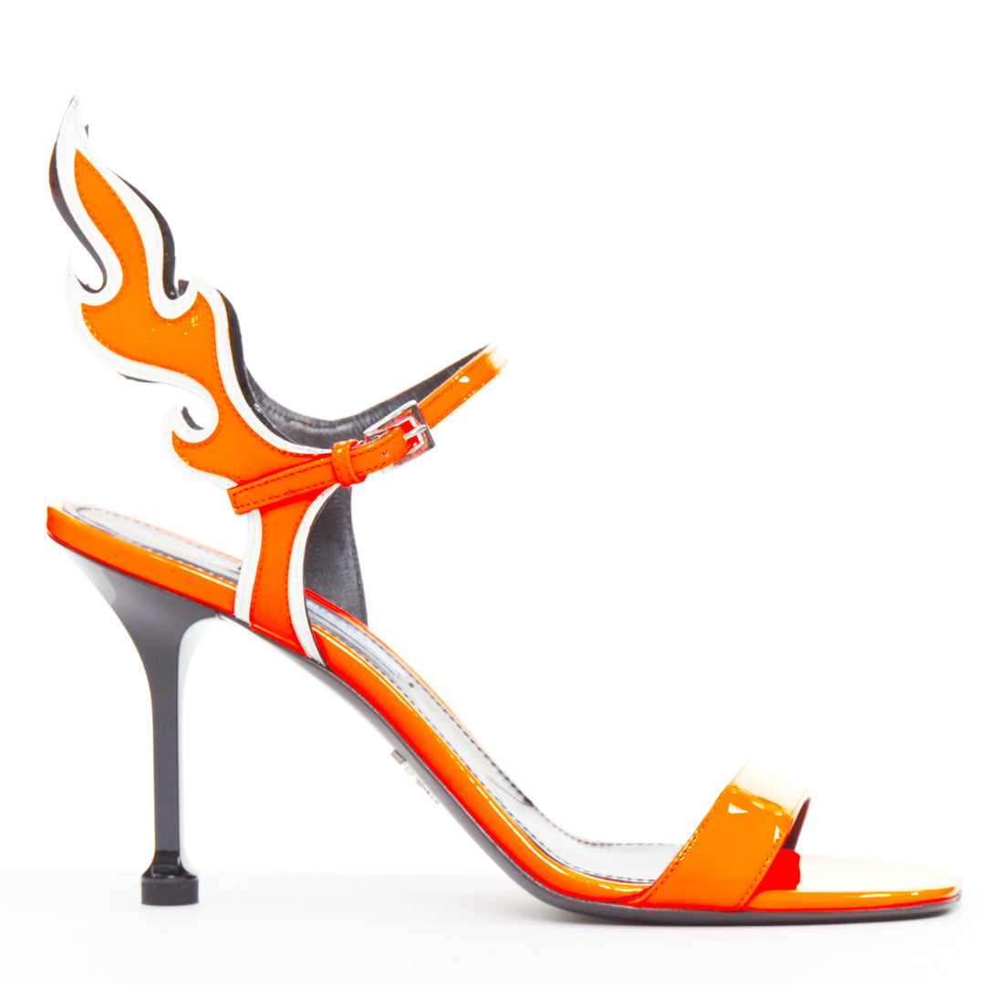 PRADA 2018 Flame fluorescent neon orange patent Fire mid heel sandal EU36.5