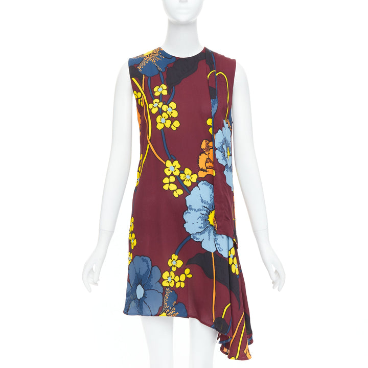 MARNI burgundy yellow blue floral print asymmetric hem dress IT38 XS