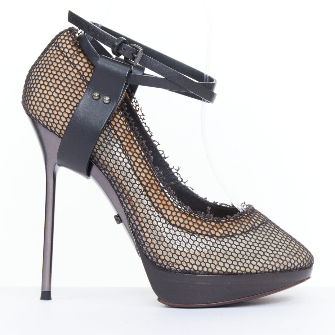 LANVIN 2011 Runway black fishnet mesh ankle harness pin platform heels EU37