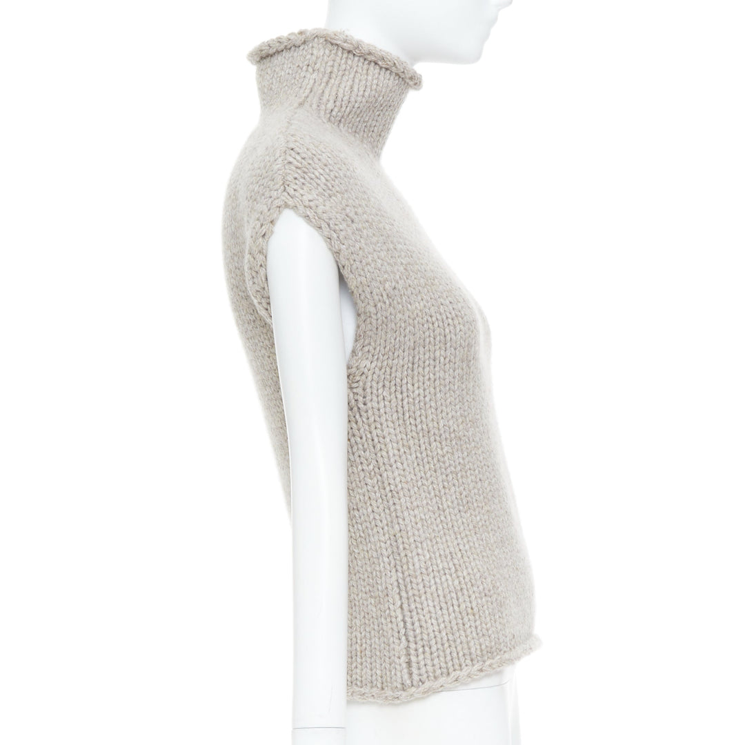 KHAITE taupe beige heavy wool cashmere chunky knit turtleneck sweater vest XS