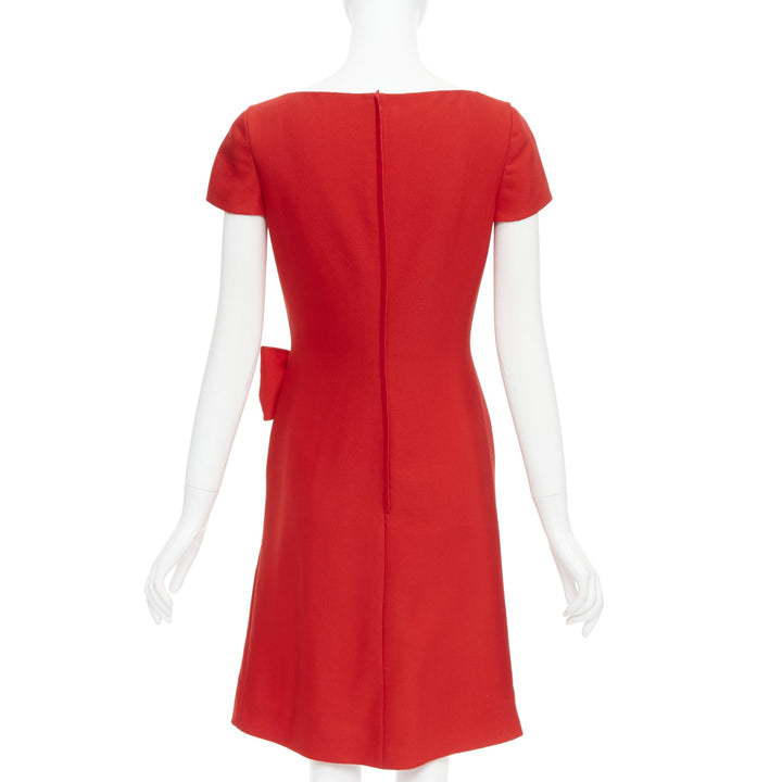 VALENTINO red silk ribbon bow ruffle drape cap sleeves dress US6 M