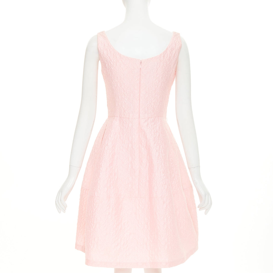 OSCAR DE LA RENTA 2016 pink cotton silk floral cloque fit flare dress US6 M