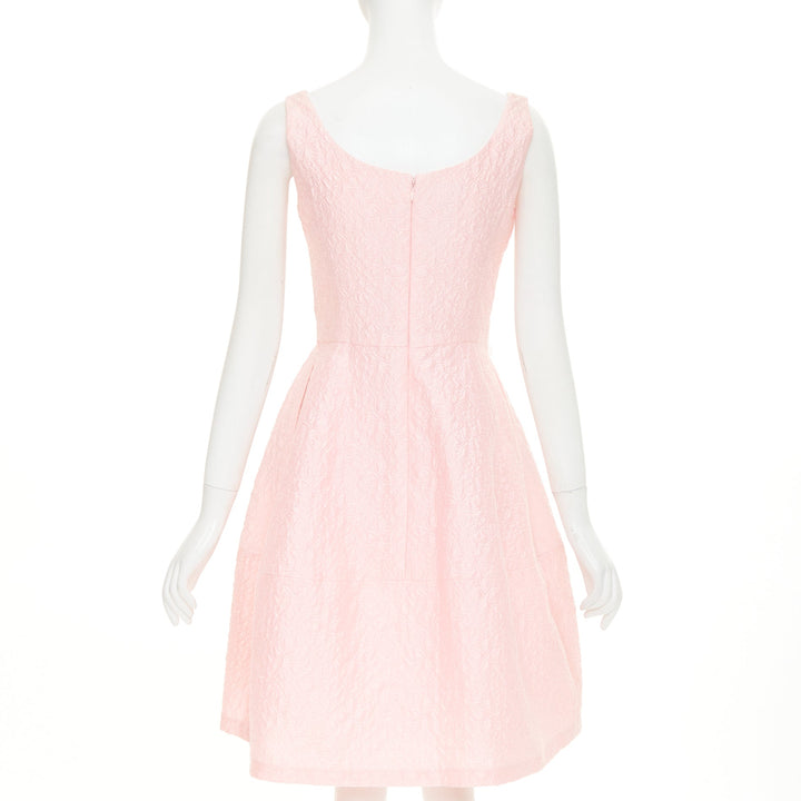 OSCAR DE LA RENTA 2016 pink cotton silk floral cloque fit flare dress US6 M
