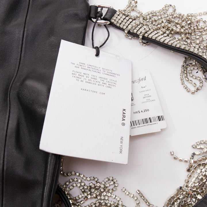 KARA black leather white logo strass fringe crystal mini backpack bag