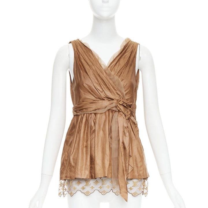 LOUIS VUITTON Marc Jacobs bronze monogram silk lace rosette wrap top FR38 M