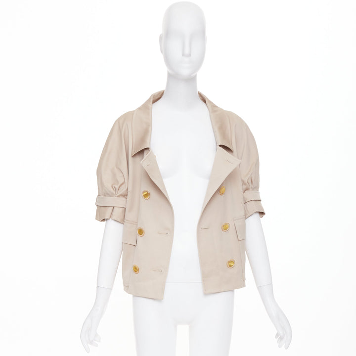 ESCADA khaki tan virgin wool gold button double breasted cropped jacket IT42 M
