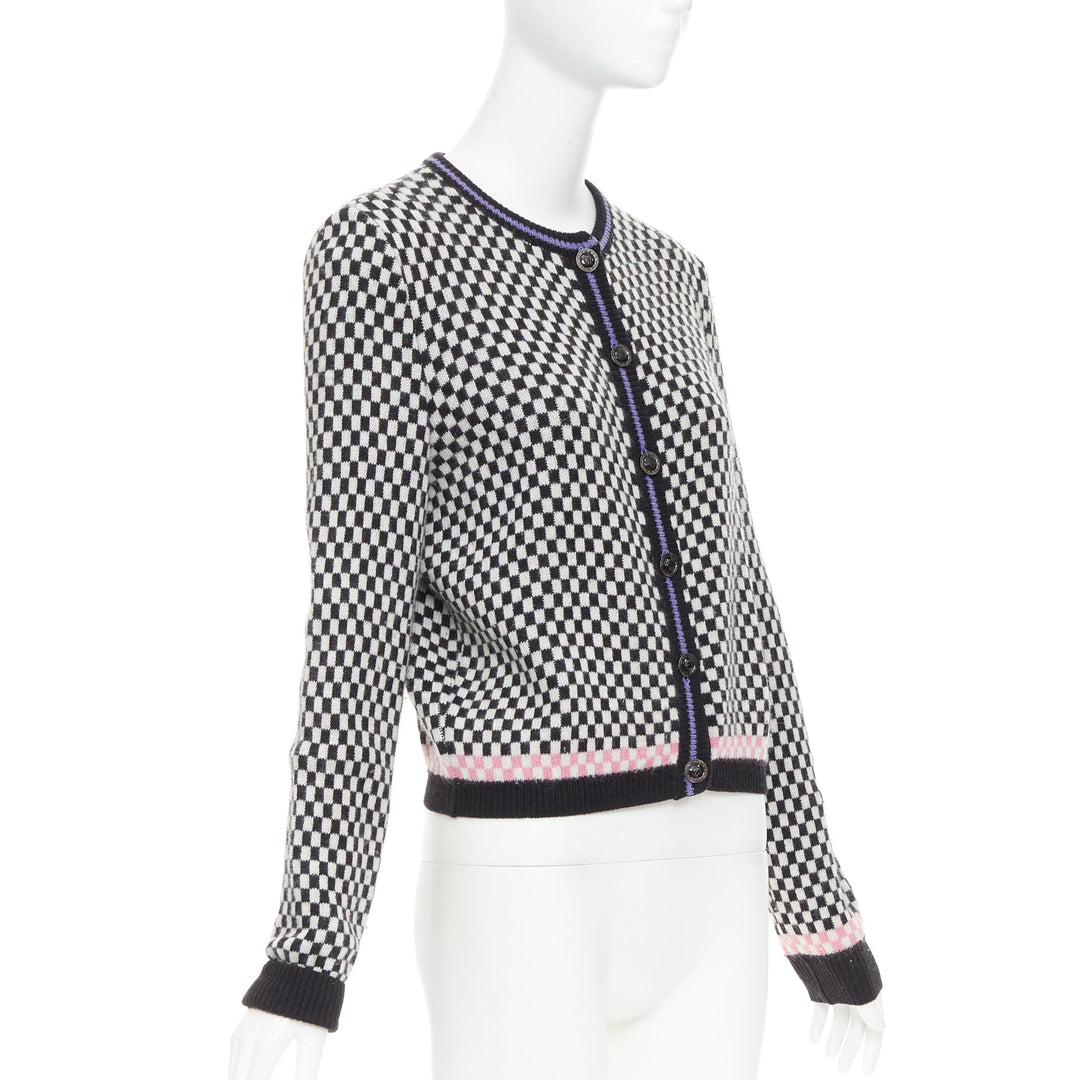 GIANNI VERSACE Vintage wooly checkered pink purple trim cardigan IT42 M