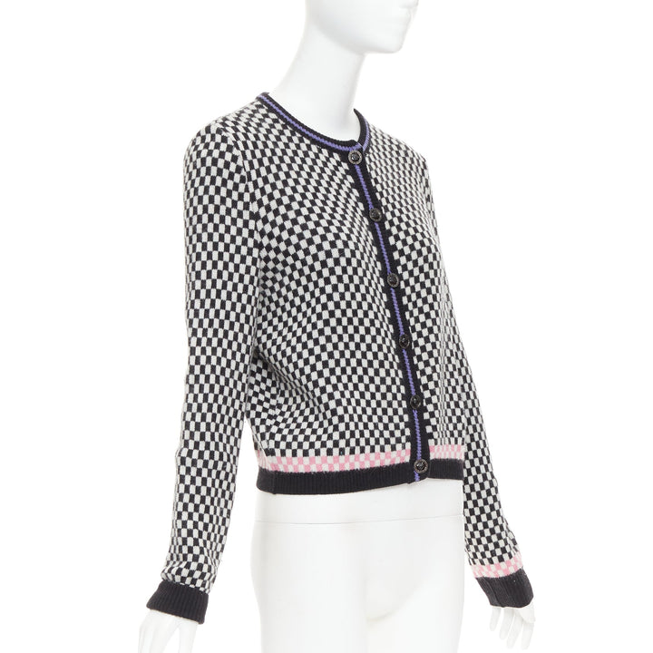 GIANNI VERSACE Vintage wooly checkered pink purple trim cardigan IT42 M