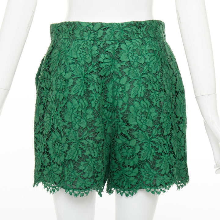 VALENTINO green floral guipure lace silk lined high waist mini shorts IT44 L