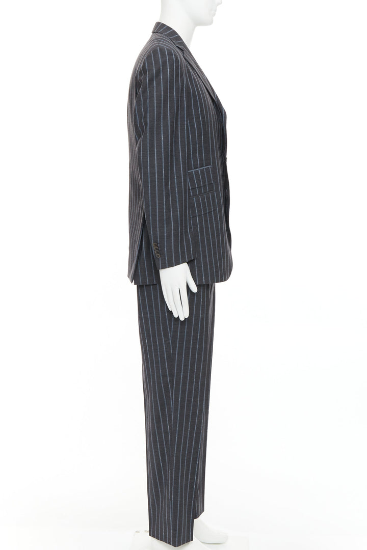 ETRO grey blue pinstripe 100% wool single breasted blazer jacket IT50 L