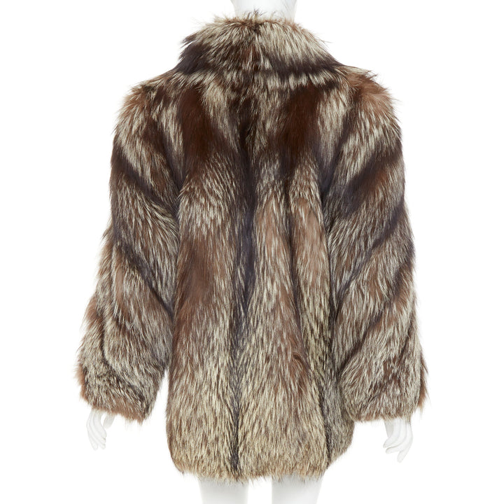 Natural Silver Fox brown oversized boxy shawl collar fur coat  Sz. 12 XL