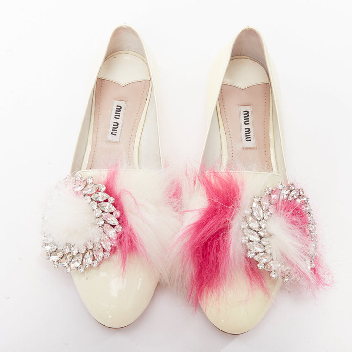 MIU MIU 2017 cream patent white pink faux fur buckle flats EU37.5