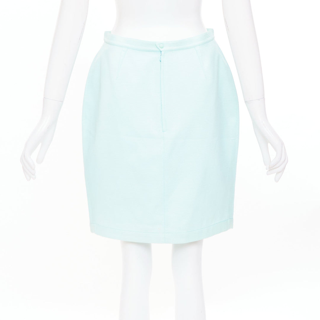 THIERRY MUGLER Vintage pale blue wool textured short sleeve peplum skirt suit