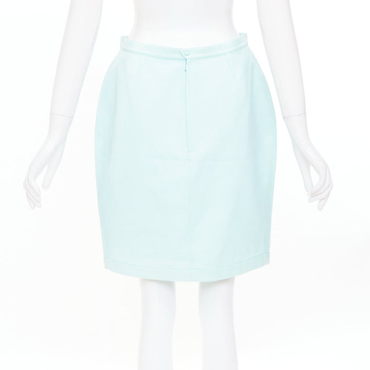 THIERRY MUGLER Vintage pale blue wool textured short sleeve peplum skirt suit