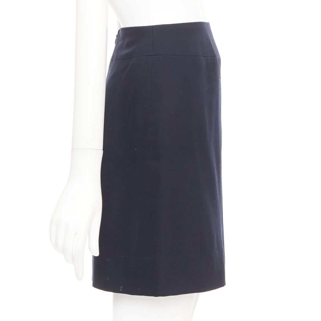 CHANEL 1997 Vintage navy wool high waisted silk lined classic pencil skirt FR34