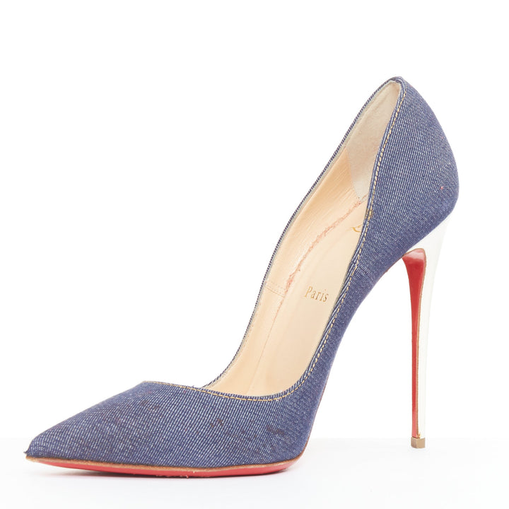 CHRISTIAN LOUBOUTIN So Kate 120 blue indigo denim white heel pumps EU39.5