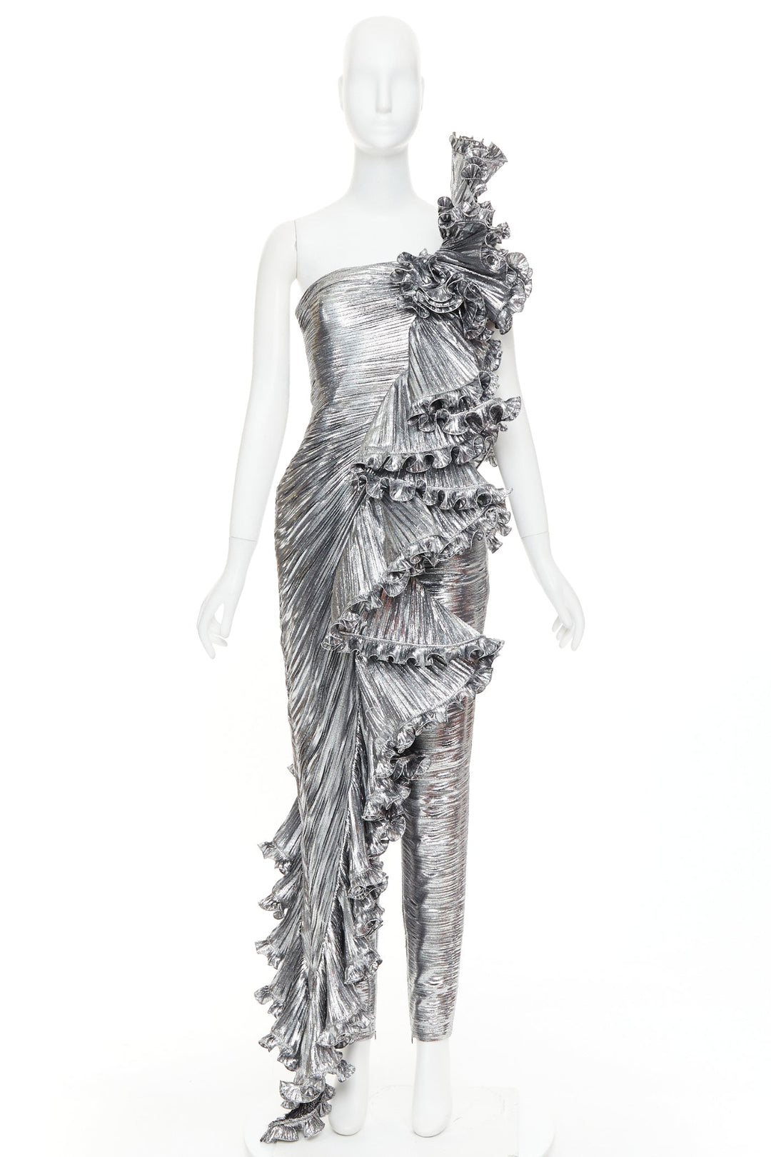 ALEXANDRE VAUTHIER COUTURE AW2023 Runway silver ruffle one shoulder top pant set