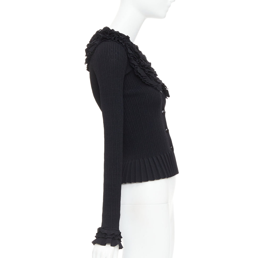 LOUIS VUITTON black ruffle collar cuffs ribbed long sleeves cardigan XS