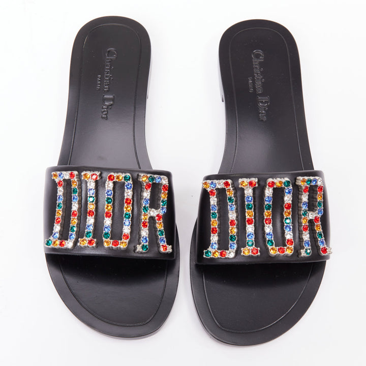DIOR Diorevolution multicolor crystal pave logo sandals slides EU40