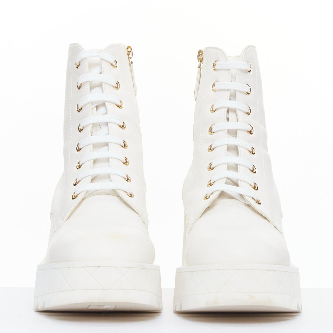 CHANEL 2024 white leather CC logo grid platform lace up wedge boots EU39