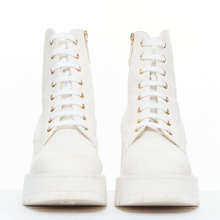 CHANEL 2024 white leather CC logo grid platform lace up wedge boots EU39