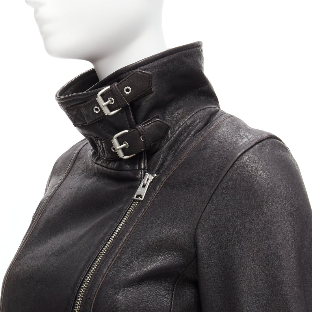 ALL SAINTS Bales black lamb leather buckles funnel collar biker jacket UK6 XS