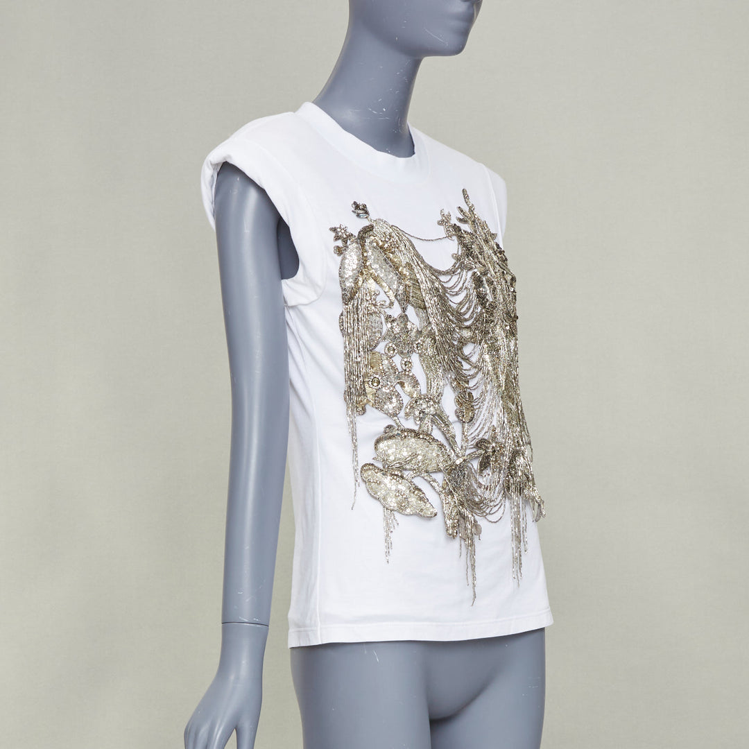 ALEXANDER MCQUEEN 2021 white gold sequin layered chain embroidered top IT38 XS