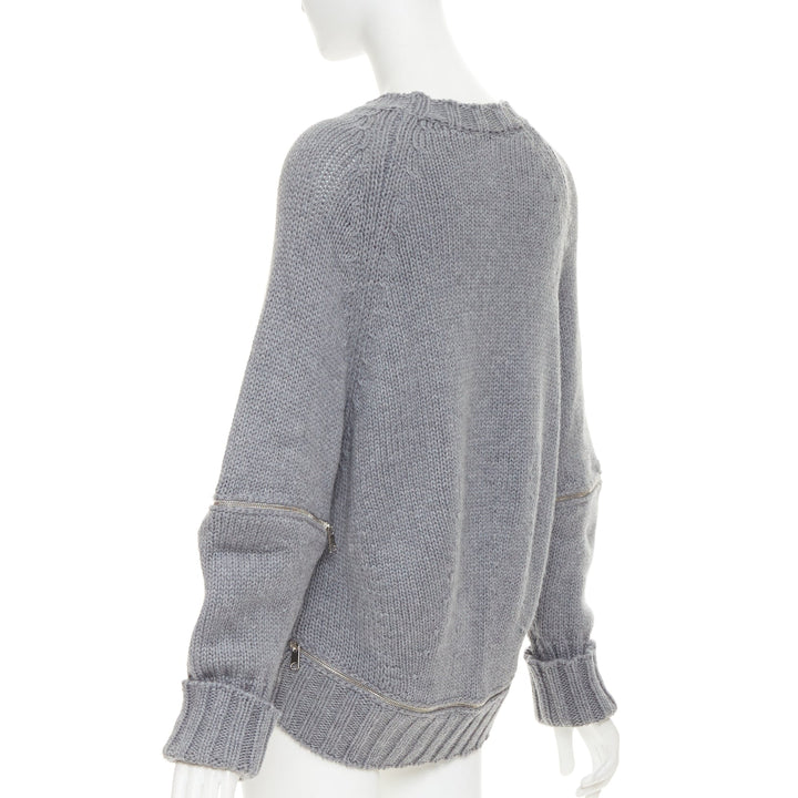 ALEXANDER MCQUEEN 2017 grey wool argyle intarsia zipper trim high low sweater S
